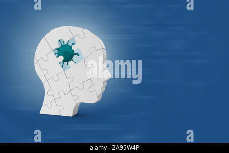 Umano a forma di testa di Jigsaw Puzzle mentre un pezzo mancante e vediamo all'interno dei simboli che rappresentano le idee contro lo sfondo blu. 3d alta qualità immagine r Foto Stock