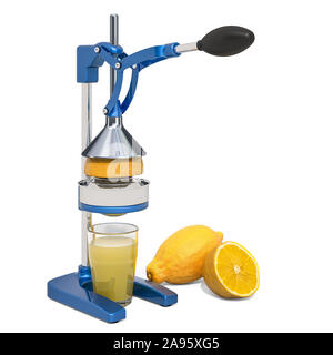 Manuale spremiagrumi con un bicchiere di succo di limone e i limoni, 3D rendering isolati su sfondo bianco Foto Stock