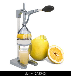 Manuale spremiagrumi con bicchiere di succo di pomelo e pomelo, rendering 3D isolati su sfondo bianco Foto Stock