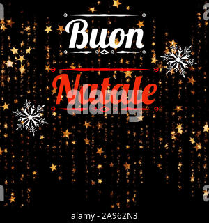 Illustrazione con "Buon Natale", scritto in lingua italiana, con stelle e decorazioni. Modello di Natale per il web, carta da parati, grafica digitale Foto Stock