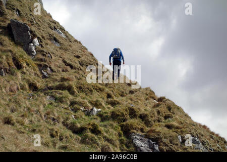 Lone uomo salire erba sul Monte scozzese Corbett Stob Dubh (Beinn Ceitein) in Glen Etive, Highlands scozzesi, Scotland, Regno Unito. Foto Stock