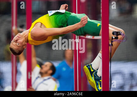 Doha in Qatar. 01 ottobre, 2019. Adrijus Glebauskas (LTU) in Uomini Salto in alto possono beneficiare. Mondiali di atletica. Foto Stock