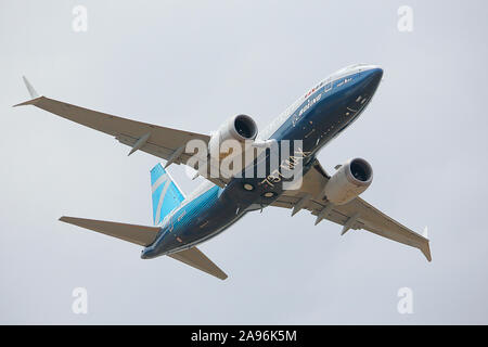 Boeing 737MAX ha dimostrato al Farnborough International Airshow 2018, Farnborough, Regno Unito Foto Stock