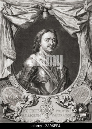 Pietro il Grande Pietro I o Pyotr Alexeyevich Romanov, 1672 - 1725. Lo Zar di Russia. Dopo una stampa da Jacob Houbraken, dopo un lavoro da Carel de Moor (II). Foto Stock