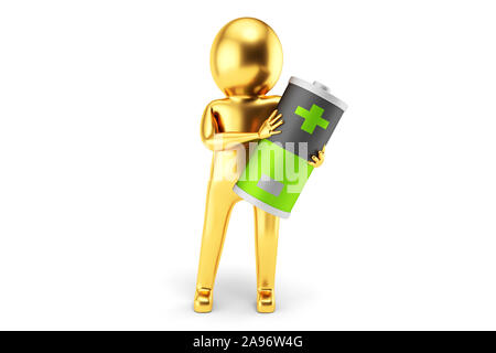 Golden 3D'uomo è in possesso di una batteria contro uno sfondo bianco. Il rendering 3D. Foto Stock