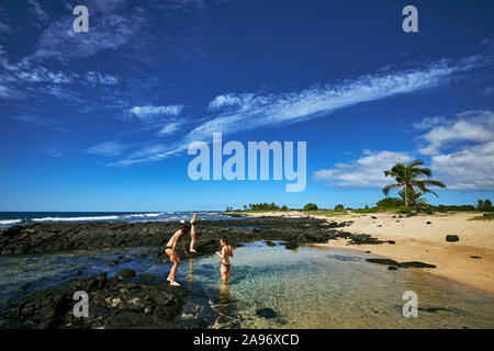 Tre donna giocando in un pool di marea sulla Big Island delle Hawaii Foto Stock