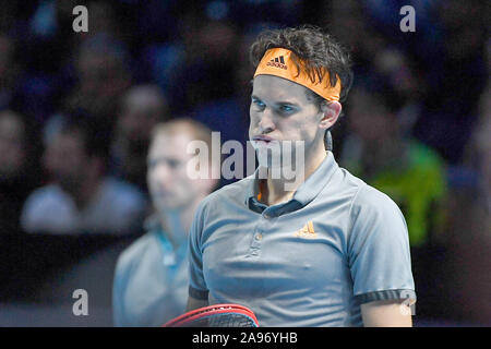 Londra, UK, 13 Nov 2019, Londra, Regno Unito. 13 Nov 2019, domiciliarie thiem ,aut, durante Nitto finale ATP Novak Đokovic Vs Dominic Thiem - ( Dominic Thiem ) - Tennis intenzionali - Credito: LPS/Roberto Zanettin/Alamy Live News Foto Stock