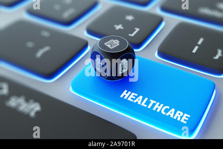 Ospedale su un dado su computer portatile durante la messa a fuoco della tastiera su di esso con la sanità il testo sul pulsante INVIO. Il rendering 3D. Foto Stock