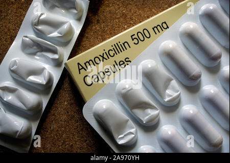 Pack di Amoxicillin 500mg capsule con foglio di capsula.. Ampiamente utilizzati farmaci antibiotici. Produttore: Accord Healthcare. Foto Stock