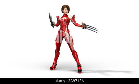 Asian warrior princess artigliato con pale in piedi, fantasy fighter girl in battaglia armor holding falce lame, isolato su bianco, rendering 3D Foto Stock