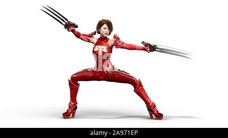 Asian warrior princess con lame ad artiglio, fantasy fighter girl in battaglia armor holding falce lame, isolato su bianco, rendering 3D Foto Stock