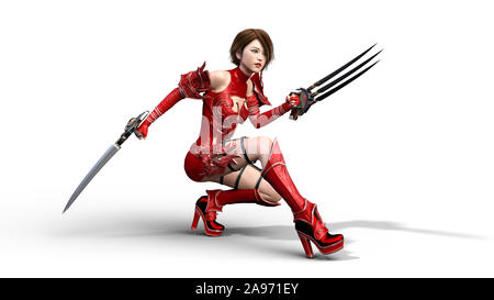 Asian warrior princess con lame ad artiglio accovacciato, fantasy fighter girl in battaglia armor holding falce lame, isolato su bianco, rendering 3D Foto Stock