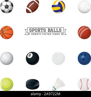 Raccolta di palle e attrezzature liscia icone vettoriali per il baseball, pallamano calcio, tavoli da biliardo e altri team e singoli sport. Illustrazione Vettoriale