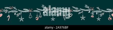 Carino drawnseamless mano pattern con rami di abete e da appendere decorazione, grande per natale banner, sfondi, avvolgimento, tessili - Illustrazione Vettoriale