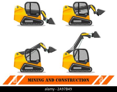Minipala caricatrice con diversa posizione del braccio. Illustrazione dettagliata della costruzione pesante macchina e attrezzature minerarie. Illustrazione Vettoriale. Illustrazione Vettoriale