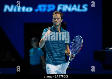 Londra, Regno Unito. Xiii Nov, 2019. Daniil MEDVEDEV (Russia) durante il giorno 4 dell'Nitto ATP Finals Londra Tennis 2019 all'O2, Londra, Inghilterra il 13 novembre 2019. Foto di Andy Rowland. Credito: prime immagini multimediali/Alamy Live News Foto Stock