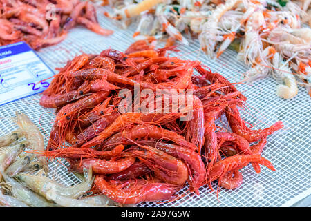 Gamberi freschi e frutti di mare catturati lo stesso giorno per la vendita nel mercato del pesce e della produzione Olhao. Olhao Algarve, Portogallo. Foto Stock
