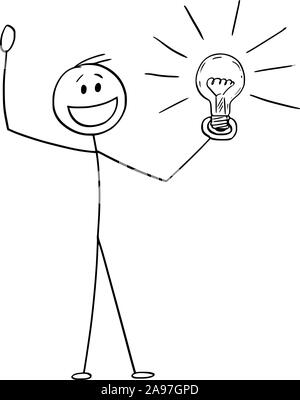 Vector cartoon stick figura disegno illustrazione concettuale di felice celebrare l'uomo o imprenditore con idea o soluzione di contenimento luce brillante lampadina in mano. Illustrazione Vettoriale