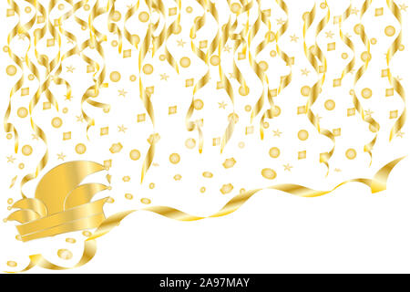 Golden festa di carnevale decorazione su sfondo bianco Foto Stock