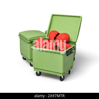 3D rendering di due verdi trash lattine, anteriore può aprire e piena di rotture di valentine cuori. Foto Stock