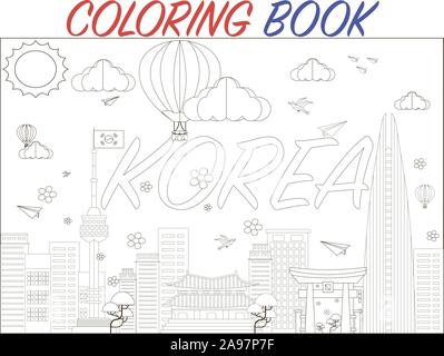 Libro da colorare pagine per l educazione e l apprendimento per bambini e adulti con Asian Corea del Sud delineano la città e il paese Paesaggio, Vista città , Vista splendida bac Illustrazione Vettoriale