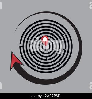 Cerchio vettore maze gioco labirinto. Round puzzle labirinto circolare con soluzione. Labyrunth complesse con un elegante design piatto, buona per lo sfondo, gioco, log Illustrazione Vettoriale