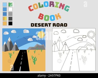 Coloratissimo libro da colorare per bambini e adulti per l'istruzione e divertimento. con la tavolozza di colori utilizzando. Tema di viaggio, semplicemente cartoon illustrazione vettoriale . Illustrazione Vettoriale