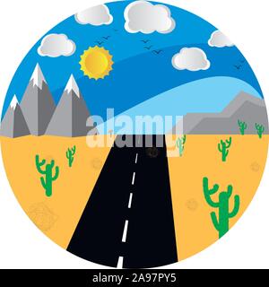 Travel wanderlust colorato paesaggio cartoon sfondo, con prospettiva road, montagna, sole e nuvole. Scegli la destinazione sul mondo e vai. Grap Illustrazione Vettoriale