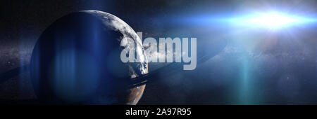 La Terra come pianeta alieno, bellissima e accogliente esopianeta con un sistema ad anello illuminato da una lontana sun Foto Stock