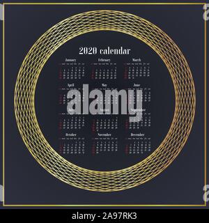 Design semplicemente Escursioni Calendario di 2020 anno modello. Settimana comincia la domenica. Tipo di base, griglia originale, illustrazione vettoriale con splendido oro geometrica Illustrazione Vettoriale