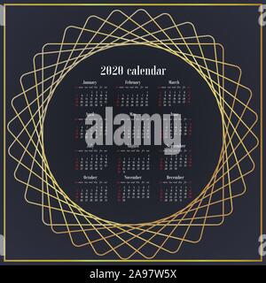 Design semplicemente Escursioni Calendario di 2020 anno modello. Settimana comincia la domenica. Tipo di base, griglia originale, illustrazione vettoriale con splendido oro geometrica Illustrazione Vettoriale