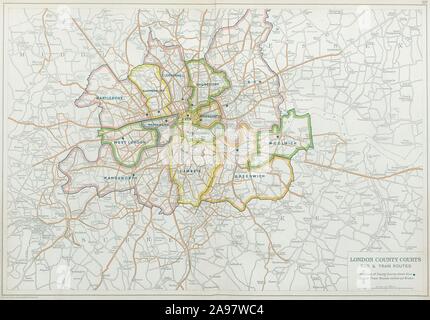 LONDON COUNTY TRIBUNALI + autobus e tram. Vintage map. BACON 1920 vecchio Foto Stock