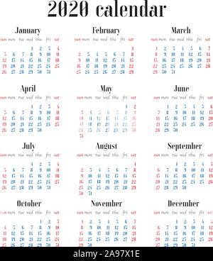 Design semplicemente Escursioni Calendario di 2020 anno modello. Settimana comincia la domenica. Tipo di base, griglia originale, illustrazione vettoriale con splendido oro geometrica Illustrazione Vettoriale