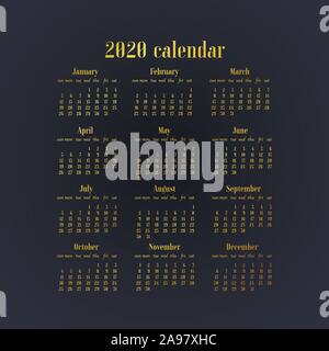 Design semplicemente Escursioni Calendario di 2020 anno modello. Settimana comincia la domenica. Tipo di base, griglia originale, illustrazione vettoriale con splendido oro geometrica Illustrazione Vettoriale