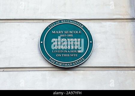 London, Regno Unito - 26 Febbraio 2019: una lapide su George Street a Londra, contrassegnando la posizione dove Mary Seacole una volta vissuta. Foto Stock