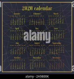 Design semplicemente Escursioni Calendario di 2020 anno modello. Settimana comincia la domenica. Tipo di base, griglia originale, illustrazione vettoriale con splendido oro geometrica Illustrazione Vettoriale
