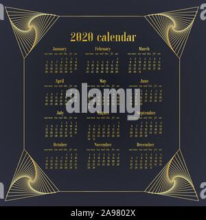 Design semplicemente Escursioni Calendario di 2020 anno modello. Settimana comincia la domenica. Tipo di base, griglia originale, illustrazione vettoriale con splendido oro geometrica Illustrazione Vettoriale