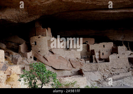 Viste del Cliff Palace Pueblo abitazioni a Mesa Verde National Park, COLORADO, Stati Uniti d'America. Le rovine possono essere visitate da vicino tramite un ranger del parco tour di piombo. Foto Stock