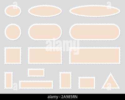 Set di fogli di francobolli isolati. Illustrazione Vettoriale. Blank francobolli di forme diverse Illustrazione Vettoriale