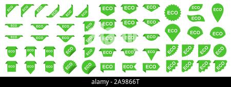 Set di eco banner o adesivi. Ecologia verde etichette o tag. Vettore di nastri di eco Illustrazione Vettoriale
