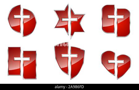 Set di lucido rosso simboli cristiani isolati. Illustrazione Vettoriale. Forme diverse di icone con una Croce Cristiana simbolo. Illustrazione Vettoriale