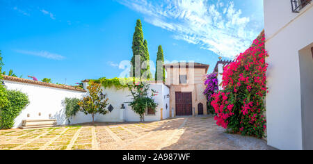 Vista pittoresca della tipica strada e cortile al quartiere residenziale di Cordoba. Andalusia, Spagna Foto Stock