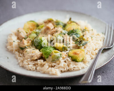 Arrosto di cavolini di Bruxelles con chickun vegana e una salsa Alfredo sul riso Foto Stock