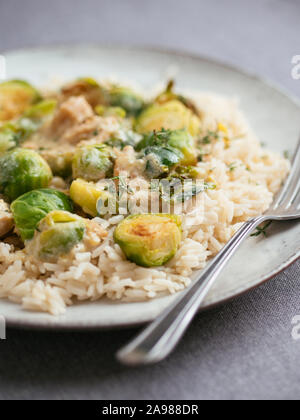 Arrosto di cavolini di Bruxelles con chickun vegana e una salsa Alfredo sul riso Foto Stock