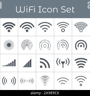 Set di 20 diversi grigio e wireless wifi a icone per l'accesso remoto e la comunicazione via onde radio. di trasmissione radiotelevisiva. Vettore di stock Illustrazione Vettoriale