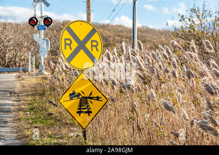 Attraversamento ferroviario a Montauk, NY Foto Stock