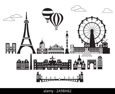 Set di vettore dei punti di riferimento di Parigi. Lo Skyline della citta' illustrazione vettoriale nei colori bianco e nero isolato su sfondo bianco. Vettore Illustra silhouette Illustrazione Vettoriale