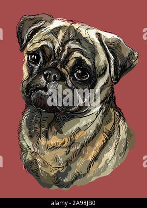 Pug vettore di disegno a mano illustrazione in diversi colori su sfondo rosso Illustrazione Vettoriale