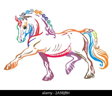 Decorativo colorato ritratto di pony passi in profilo, formazione pony. Vettore illustrazione isolato in diversi colori su sfondo bianco. Immagine per Illustrazione Vettoriale