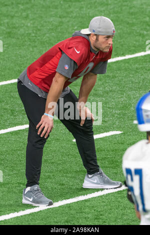 ALLEN PARK, MI - 13 NOVEMBRE: Detroit Lions Quarterback Matthew Stafford (9) NFL Football Practice 13 novembre 2019 Training Camp Foto Stock